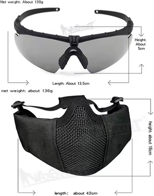 Taktiksel kask katlanabilir kulak koruması ile birleştirilmiş yarım yüz örgü maske ve cam seti